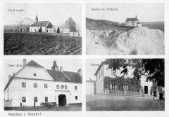dobová pohlednice původní vsi s kostelem (vpravo nahoře)