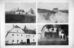 dobová pohlednice původní vsi s kostelem (vpravo nahoře)