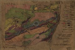 kopie historické geologické mapy se zákresem kostela v kroužku
