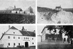 dobová pohlednice původní vsi s kostelem (vpravo nahoře)