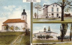 dobová pohlednice vsi s kostelem