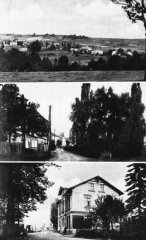 dobová pohlednice vsi s kostelem (na horním snímku vlevo)