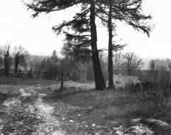 historické foto kaple (vlevo od dvojice stromů)