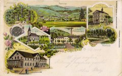 dobová pohlednice vsi s kaplí (vpravo)