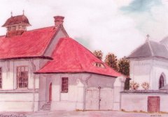 kresba zadní části kostela - na obrázku vpravo