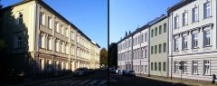 zástavba v místě kostela je prostřední dům, pohled od a k náměstí