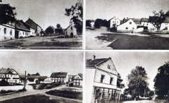 dobová pohlednice vsi s kaplí (na levém horním snímku)