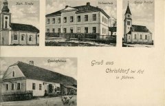 dobová pohlednice vsi s kostelem (vpravo nahoře)