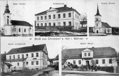 dobová pohlednice vsi s kostelem (vpravo nahoře)