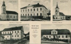 dobová pohlednice vsi s kostelem (vpravo nahoře)