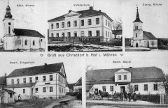 dobová pohlednice vsi s kostelem (vpravo nahoře)
