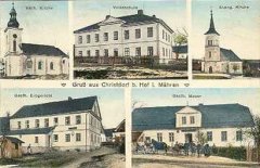 dobová pohlednice vsi s kostelem (vpravo)