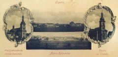 dobová pohlednice s motivy kostelů a vsí Libkovice a Mariánské Radčice