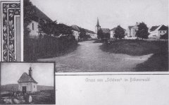 dobová pohlednice vsi s kaplí
