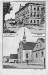dobová pohlednice bývalé vsi s kaplí