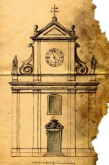 stavební plán kostela - pohled na průčelí se sochami sv. Petra a Pavla