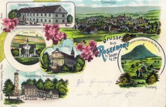 dobová pohlednice vsi s oběma kostely (katolický vpravo)
