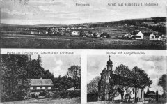 dobová pohlednice vsi s kostelem (vpravo dole)