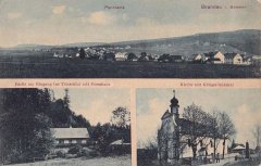 dobová pohlednice vsi s kostelem (vpravo dole)