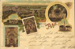 dobová pohlednice města s kostelem (vlevo)