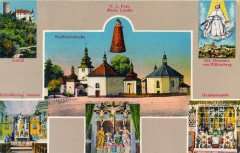 dobová pohlednice poutního místa (interiér kaple vpravo dole)