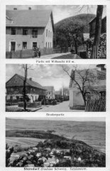 dobová pohlednice vsi s kaplí (na prostředním snímku)