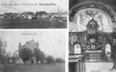 dobová pohlednice s motivem kostela a jeho interiéru