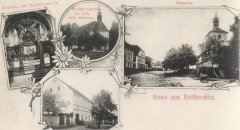 dobová pohlednice vsi s kostelem (levý horní snímek a kroužek)