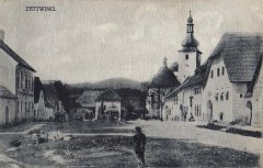starší foto městyse s kostelem