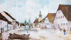 obraz městyse s kostelem