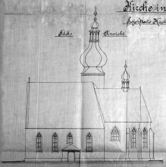 plán na zvětšení kostela - pohled z jihu