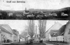 dobová pohlednice městyse s kostelem