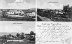 dobová pohlednice vsi s kaplí (vlevo nahoře)