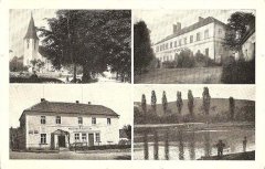 dobová pohlednice vsi s kostelem (vlevo nahoře)