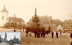 historické foto původního gotického kostela (vlevo dole stav po 1900)