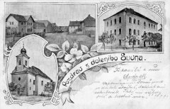 dobová pohlednice vsi s kostelem