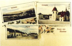 dobová pohlednice vsi s kostelem