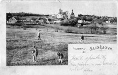 dobová pohlednice vsi s poutním areálem