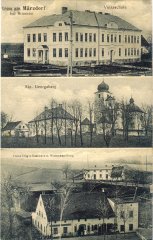 dobová pohlednice vsi s kostelem