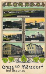 dobová pohlednice vsi s kostelem