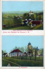 dobová pohlednice vsi s kostelem