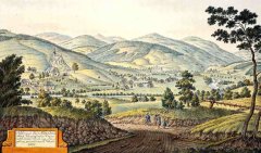kresba obce s kostelem (vlevo), autor Jan Antonín Venuto