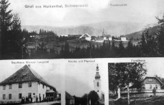dobová pohlednice vsi s kostelem a kaplí