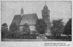 historické foto původního kostela s částí básně Petra Bezruče