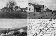 dobová pohlednice vsi s původní kaplí (vlevo nahoře)