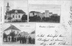 dobová pohlednice vsi s kostelem (vlevo nahoře)