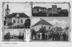 dobová pohlednice vsi s kostelem (vlevo nahoře)