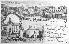 dobová pohlednice vsi s kostelem