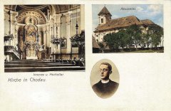 dobová pohlednice kostela a jeho interiéru