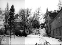 ruina kaple mezi schodištěm a zdí